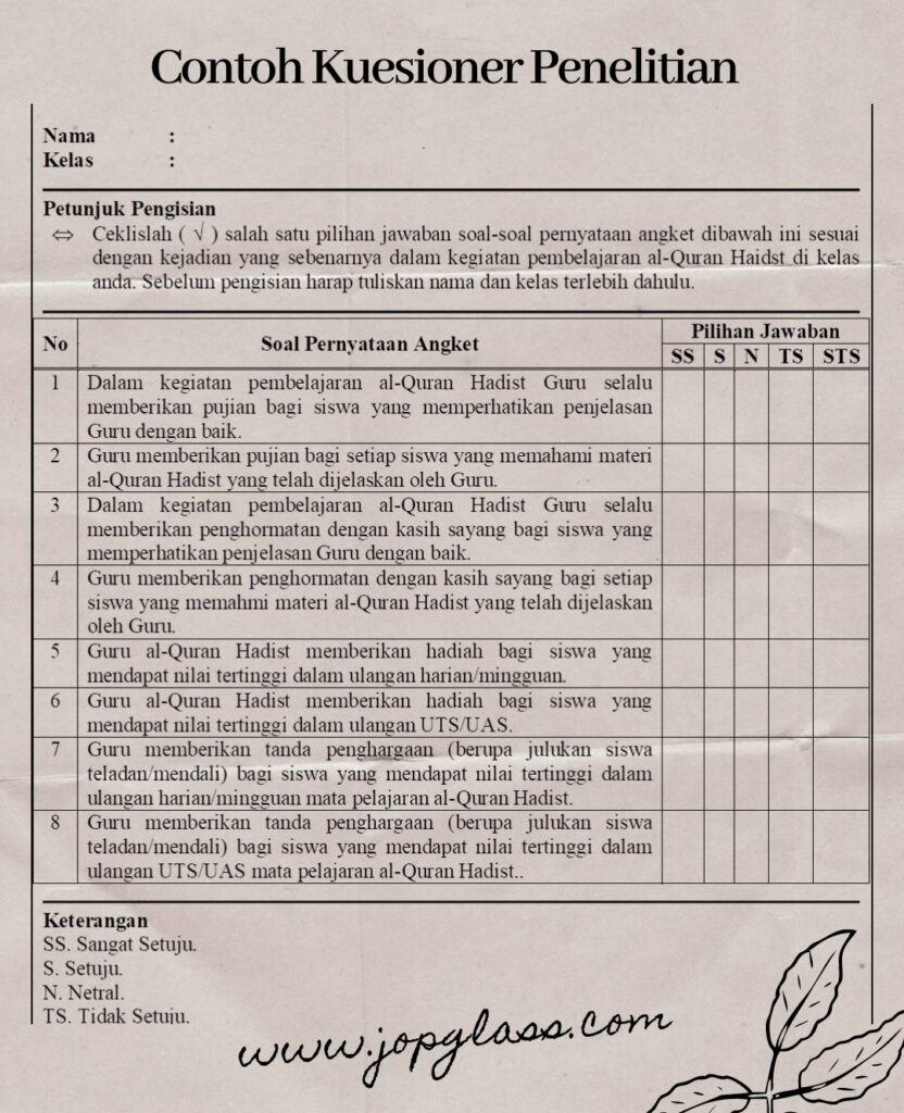 contoh kuesioner penelitian kuantitatif